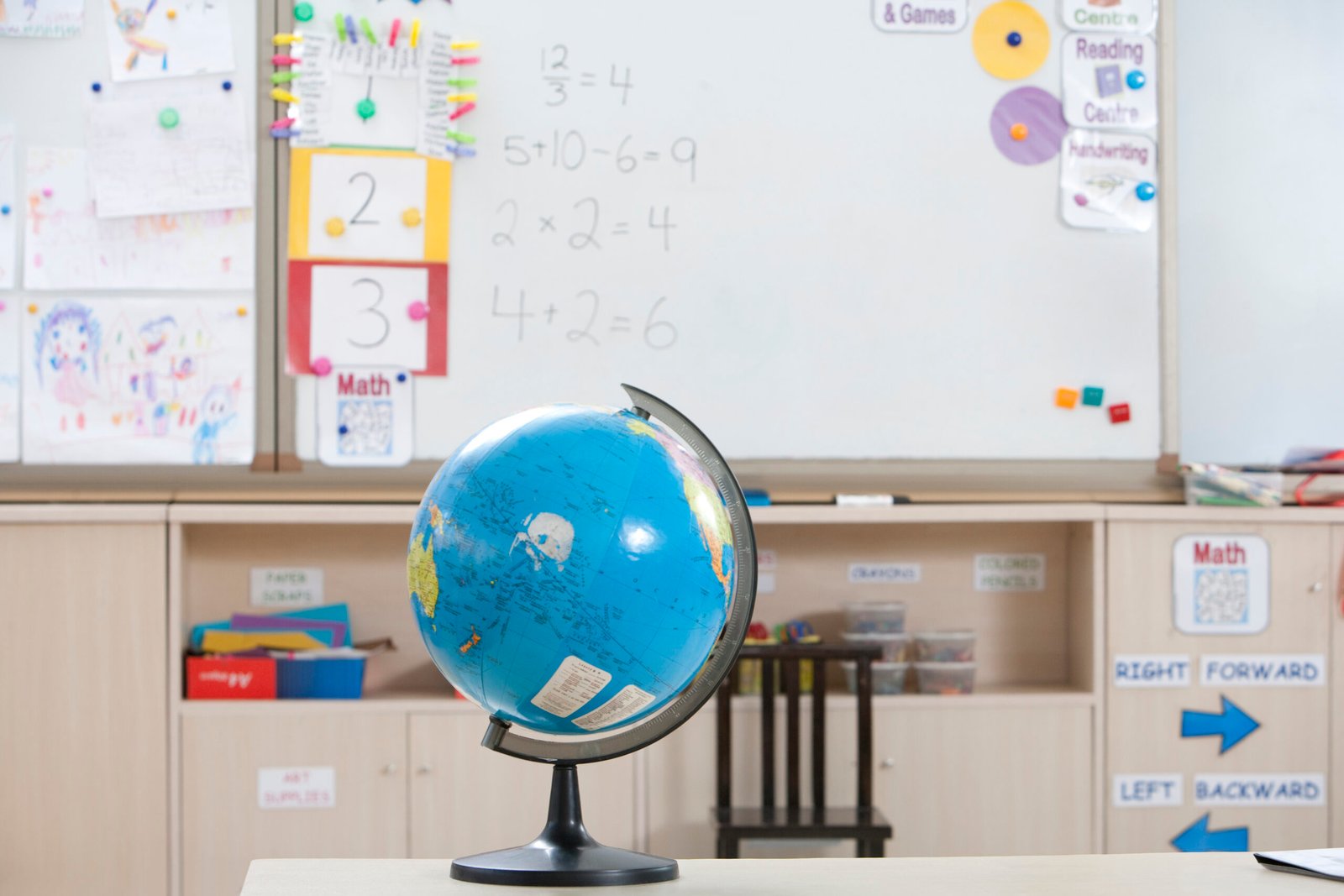 Globe sitting on a desk in a classroom